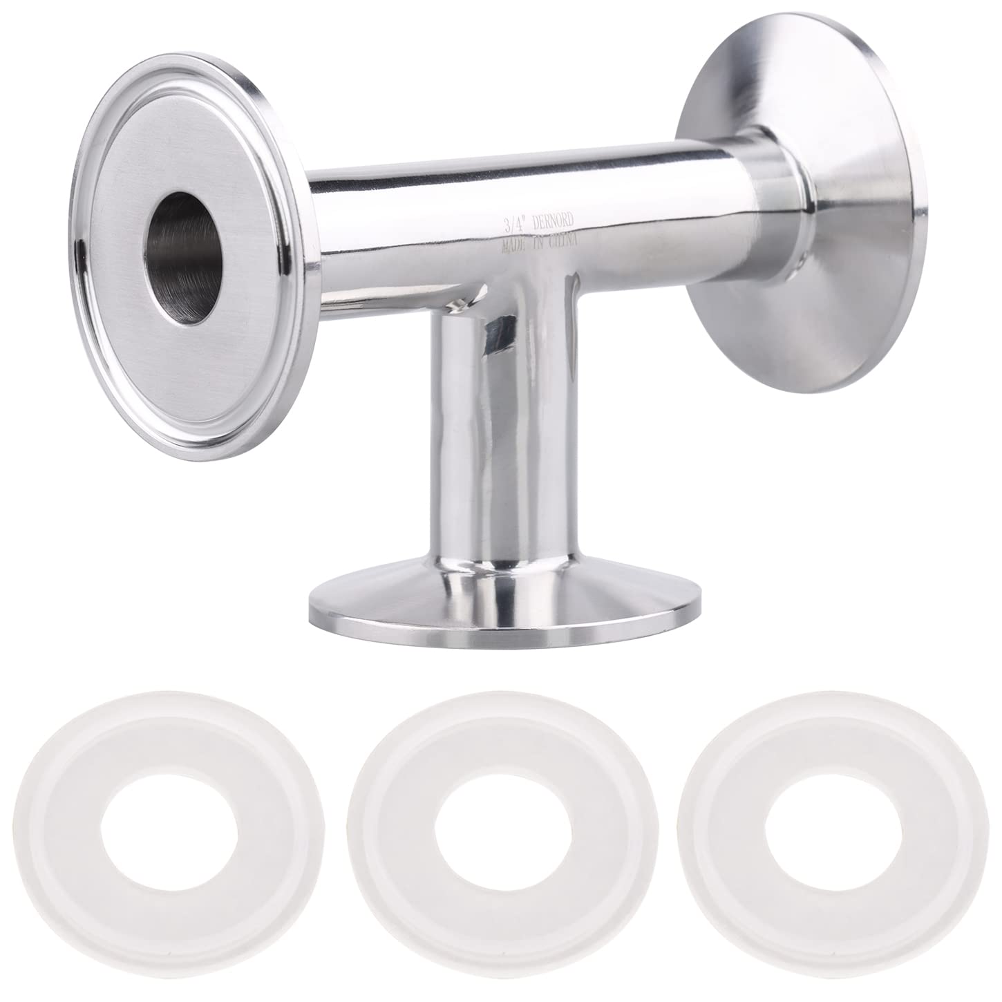 DERNORDClamp Tee 3 Way Stainless Steel 304 with 3 Silicone Gaskets Fits 1.5" Tri Clamp, 19mm Pipe OD Sanitary Fittings(3/4 inch)