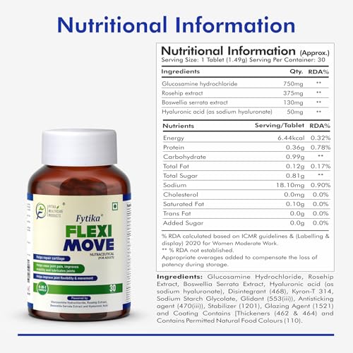 Image of Fytika Flexi Move Glucosamine Tablets for Joint Support & Pain Relief with Rosehip and Boswellia | Cartilage Bone & Muscle Health Supplement for Men and Women Mobility Flexibility Care (Pack of 3) 30 Tablets each