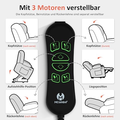 M MCombo Fernsehsessel mit Aufstehhilfe Elektrisch, 3 Motoren, Rückenlehne & Beinstütze Getrennt Verstellbar, Relaxsessel mit Liegefunktion bis 170° Verstellbare Kopfstütze 7550 (Chenille, Beige) – Bild 6