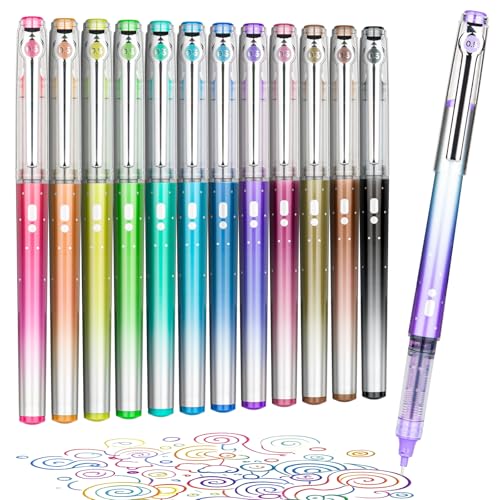 KERIFI Liquid Ink Rollerball Pens, 12 Coloured Pens, Smooth Writing, Quick Dry, 0.5mm Gel Ink Pens for Writing Journaling