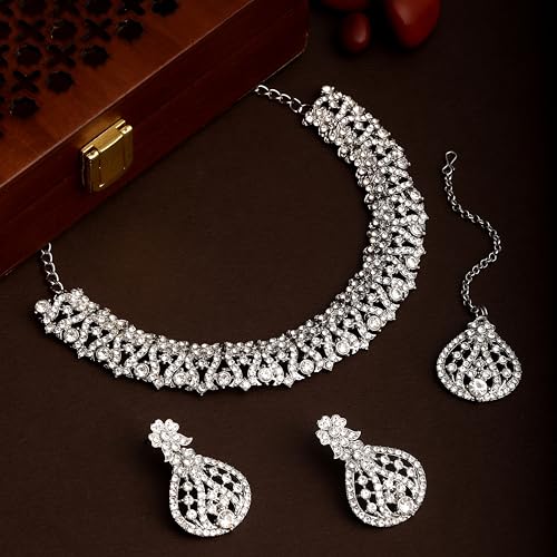 Image of Atasi International Silver Plated White Crystals American Diamonds Stylish Necklace Set with Earrings and Maang Tikka for Women and Girls | Stylish Jewellery for Party, Wedding and Festive Occasions (R6153)