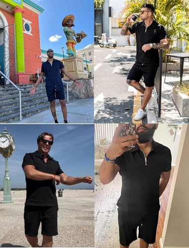 Image of ZAFUL Men's 2 Pieces Sets Outfits Summer Beach Set Short Sleeve Button Down Zip Up Shirt And Short Sets