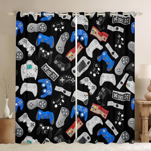 Erosebridal Gamer Curtains for Boys Room,Blue Black Video Gamer for