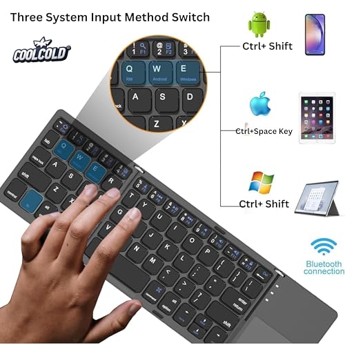 Image of COOLCOLD Foldable Bluetooth Keyboard with Touchpad - Tri-Folding Portable Wireless Keyboard, Rechargeable Full Size Ultra Slim Pocket-Sized Folding Keyboards for Android Windows iOS Tablet & Laptop