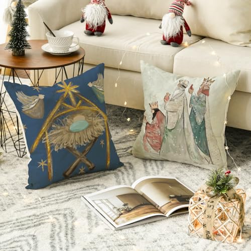 Avoin Colorlife PILLOWCOVER-CHRISTMAS-4PC-4545-109 Christmas O Holy Night Jesus Snowflake Throw Pillow Covers thumb #3