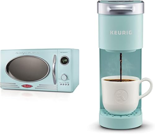 Nostalgia Horno microondas retro para encimera, 0.9 pies cúbicos, 800 vatios con pantalla digital LED, bloqueo infantil, cafetera Aqua & Keurig