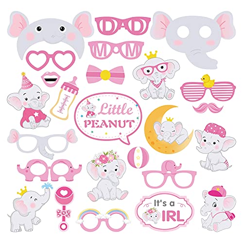 Kristin Paradise 25Pcs Pink Elephant Photo Booth Props With Stick, Little Peanut Theme Selfie Props, Girl Baby Shower Birthday Party Supplies #TOP1