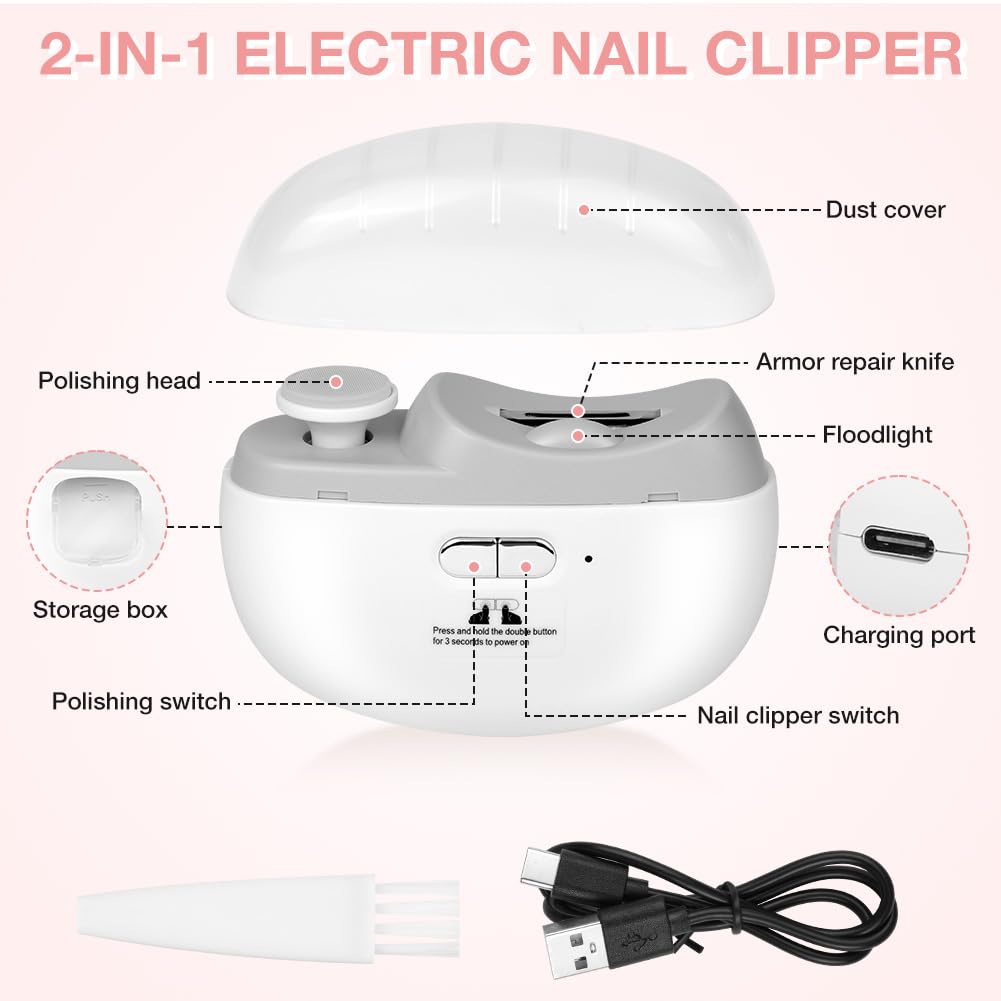 AOOWU Elektrischer Nagelknipser, Nageltrimmer Nagelpolierer, Nagelreste mit Licht, Kabelloser 2-Gang-Nagelknipser, Kein Lärm Fingernagelknipser für Babys, Ältere Menschen und Erwachsene