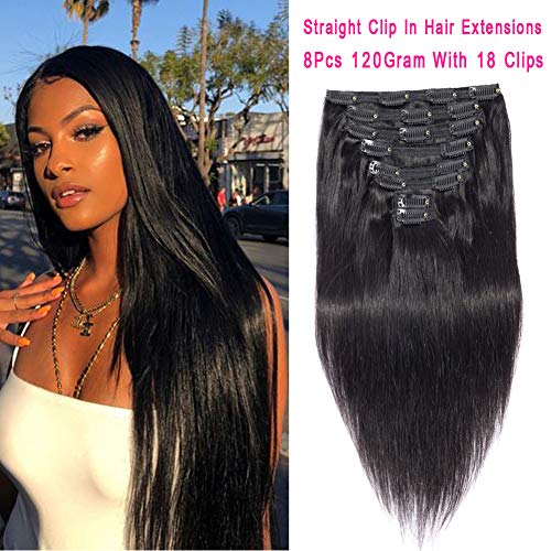 Rolisy Straight Clip in Hair Extensions Straight Hair Clip Ins Real Thick Soft 8A Brazilian Remy Hair for Black Women,Double Lace Wefts,Natural Black Color,8 Pcs,120Gram,20 Inch