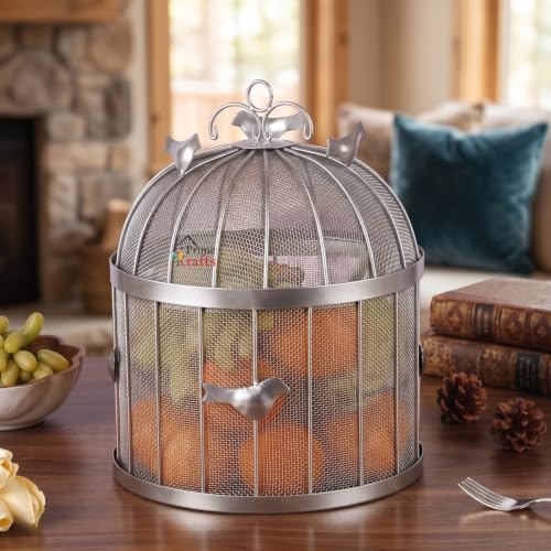 Image of Decorative Insect-Resistant Fruit and Vegetables Basket with Lid | Countertop Mesh (Jaali) Design Fruit Storage Basket for Kitchen, Dining Table, Living Room (Silver, Design 3)