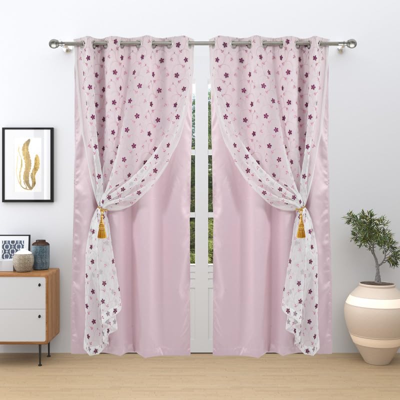 Image of 2 in 1 Embroidered Sheer & Blackout Velvet Long Door Curtains with Eyelet Rings | Dual Layer Front Sheer Back Solid Curtains for Living Room & Bedroom 9 Feet, Set of 2
