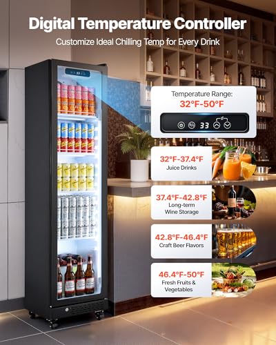 Image of VEVOR Commercial Merchandiser Refrigerator, 8.3 Cu.Ft / 235 L Glass Door Display Refrigerator, Upright Beverage Cooler Fridge with 5 Adjustable Shelves, Soft LED Light & Casters for Homes Shops Bars