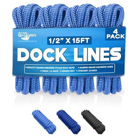 SandShark Premium 15ft 1/2in Dock Lines 4 Pack, Quality Double-Braided Nylon Boat Rope, 12in Eyelet Loop, Boat Mooring Ropes for Docking. Pontoon Boat Accessories- Blue Cover