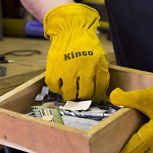 Kinco Leather Work Glove Unlined Suede Cowhide - Golden Suede Full Finger With Shirred Elastic Wrist And Ergonomic Keystone Thumb - Medium #TOP3