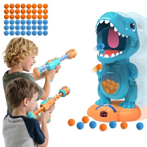 Image of EagleStone Movable Dinosaur Shooting Toys for Boys with 2 Air Pump Guns | Electronic Target Practice with LCD Score Tracker, Sound Effects, 48 Foam Balls, BIrthday Gift for Kids 6 7 8 9 Indoor Play