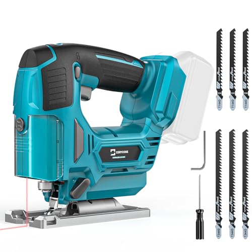Cerycose Jig Saw Compatible with Makita 18V Battery, Laser Guide Cordless Jigsaw Tool, 3000RPM Variable Speed, 45° Bevel Angle Cut, LED Light, 3 Orbital Sets, 6PCS Blades (No Battery)