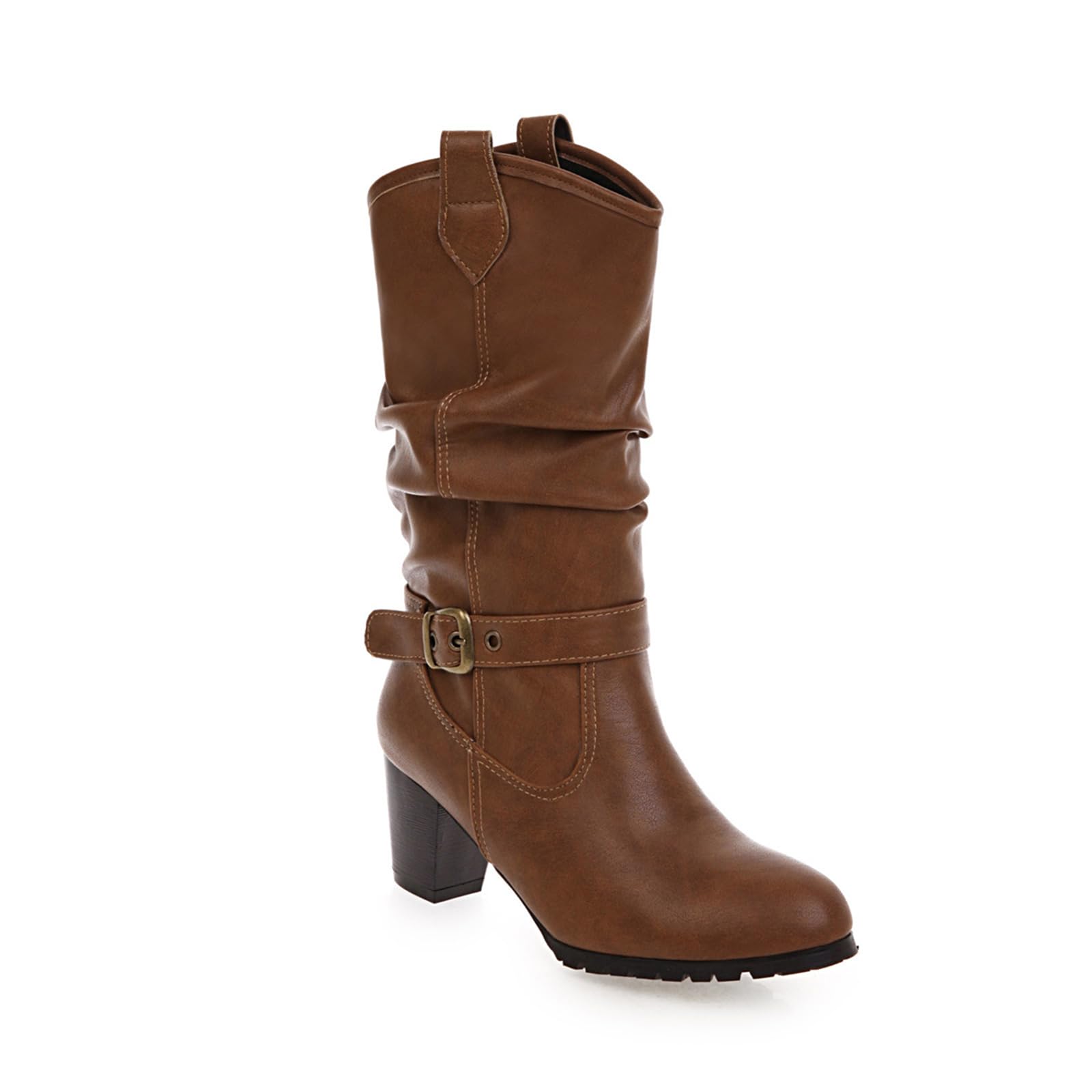 Womens Buckle Warm Thin Fur Lined Shoes Cowboy Mid Calf Booties Closed Round Toe Block Stacked High Chunky