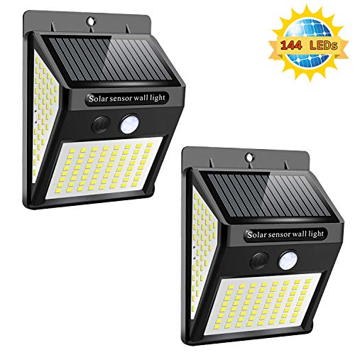 Preisvergleich Produktbild Solarlampen für Außen, 144 LED Solarbetriebene Sicherheitswandleuchte mit Bewegungsmelder, 300° Weitwinkelbeleuchtung Superhelle Solarlicht, IP65 Wasserdichte Solarleuchten Garten (2 Stück)