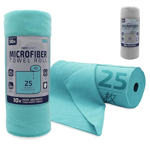 NEOLAVISH Roll 25枚マイクロファイバータオルロール 再利用可能な超吸水タオル 洗える ティアオフクリーニングラグ 食器洗いシート キッチンやカーホーム ガレージ バスルーム用のための効果的なクリーニングロールクロス ブルー