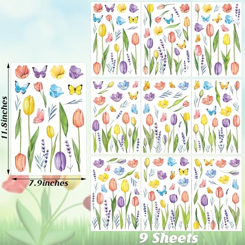 Image of 210PCS Spring Window Clings, 9 Sheet Spring Window Clings for Glass Windows with Tulip Flowers Butterfly, Double-Side Decals Stickers Decorations for Home Office Decor