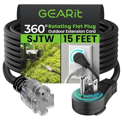 GEARit 360 Rotating Plug Indoor Outdoor Extension Cord Waterproof 15ft – 16 Gauge 16/3 AWG, 13A 1625W, 3 Prong Heavy Duty Extension Cord Weatherproof Power Cable for Outdoor Landscaping, Lights, ETL