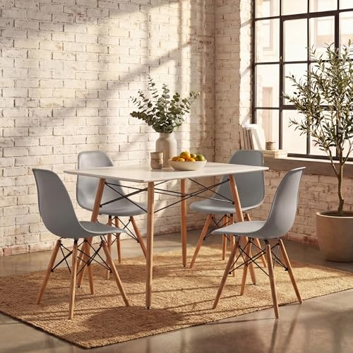 Image of Furmax Dining Chairs Set of 4, Mid Century Modern Plastic Dining Chair w /Curved Backrest & Wood Legs, DSW Shell Lounge Side Chair for Dining Room Living Room Apartment, Kitchen Chairs (Grey)