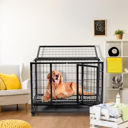 Hundekäfig hochbelastbar, Faltbare Mobile Hundebox, 2 Türen, feststellbare Räder, herausnehmbares Tablett – Für Mittelgroße/Große Hunde – Schwarz (92x62x75 cm)