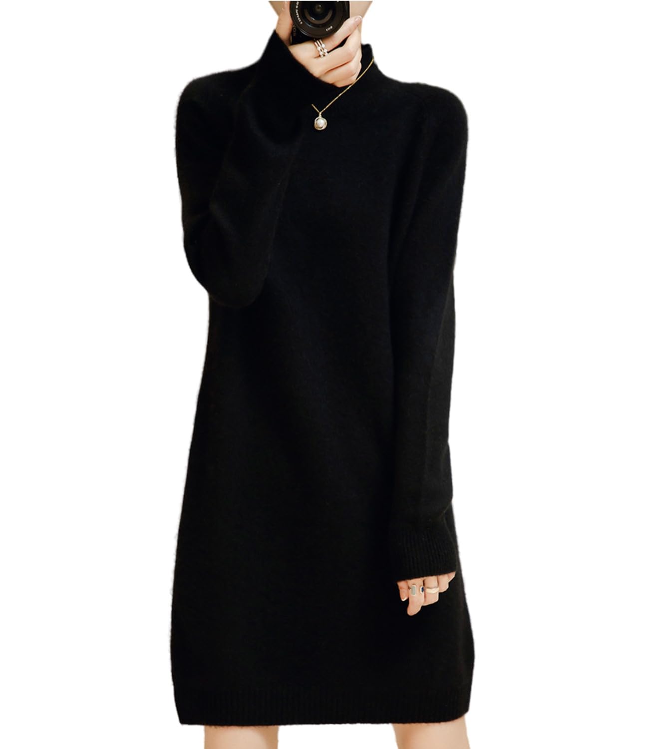 Sweater Dress Womens Mock Neck Raglan Sleeve Merino Wool Pullover Autumn Winter Knitted Long Tops