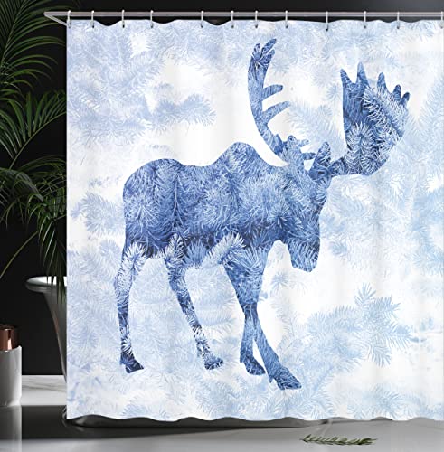 ABAKUHAUS Moose Shower Curtain, Pattern Pine Needles Spruce Tree Antlers Deer Family Snow Winter Horns - Image 3