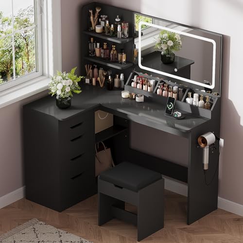 JUMMICO Coiffeuse avec Miroir et éclairage LED, Coiffeuse d’Angle en L avec Tabouret, Miroir LED...