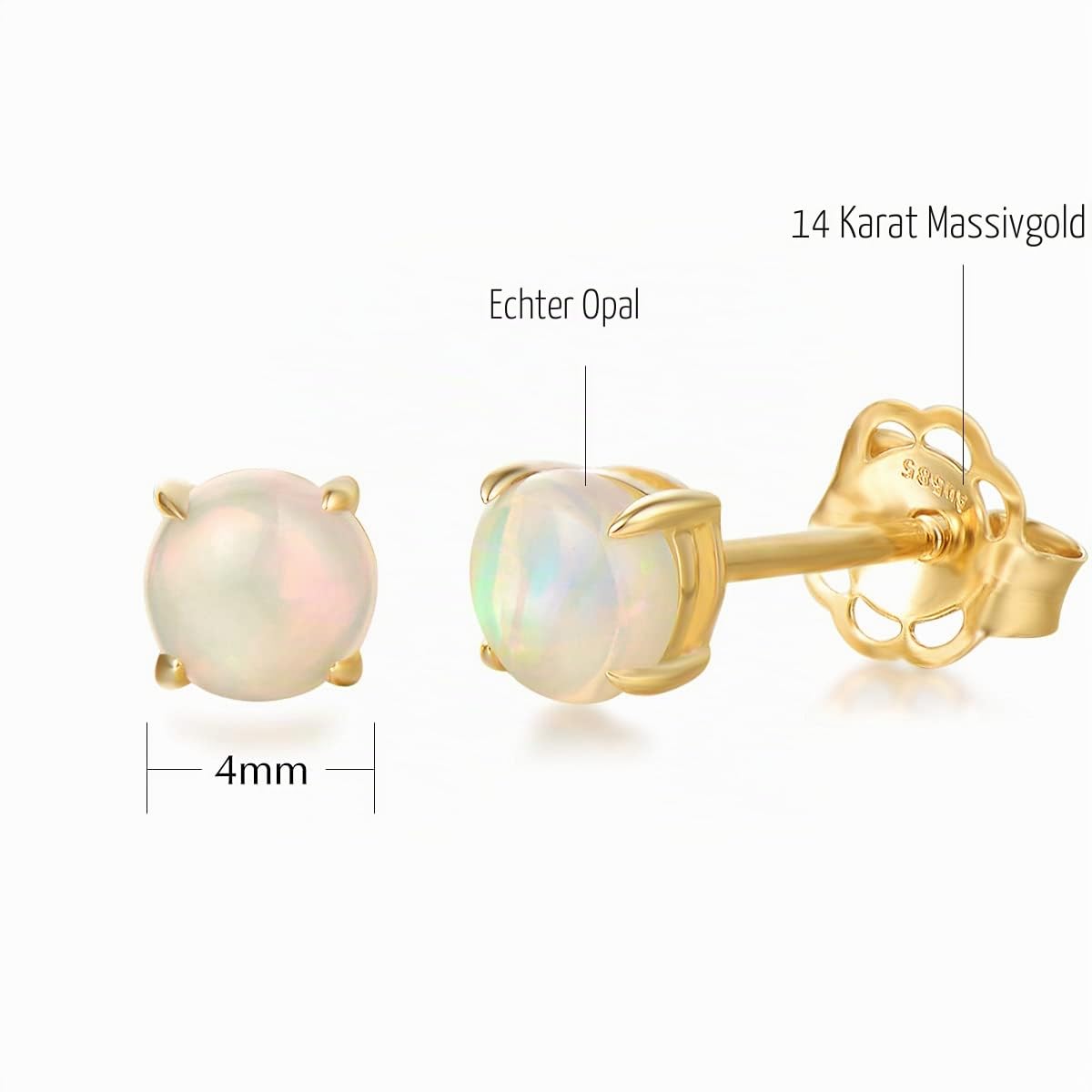 FANCIME Solide 14 Karat 585 Weiß Gold Klein Ohrstecker Ohrringe mit Edelstein Schmuck für Damen Mädchen Mama mit Geschenk Box, Durchmesser: 4 mm