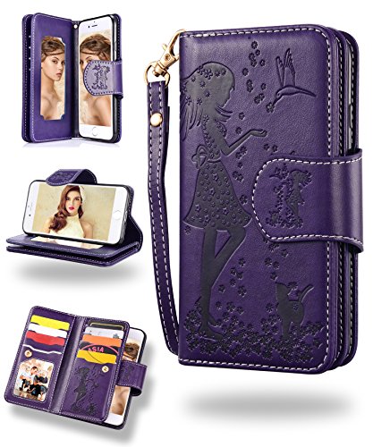 FLYEE iPhone 8 Case, iPhone 7 Wallet Case, 9 Card Slot PU Leather Magnetic Protective Cover with Mirror and Detachable Wrist Strap for iPhone7 iPhone8 4.7 Inch Purple