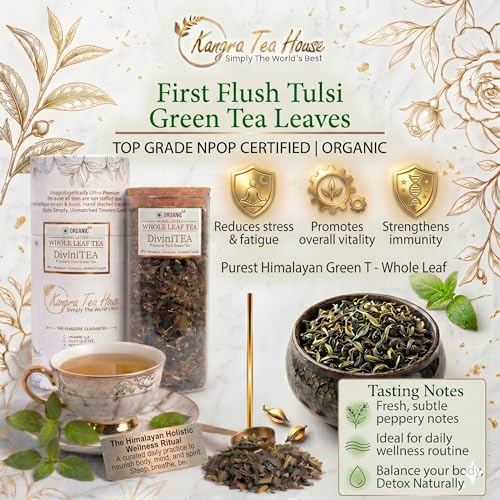 Image of Kangra Tea House DiviniTEA (Combo Pack of 2 20g) Artisanal Whole Leaf Tulsi Green Tea | GI Tagged & NPOP Organic Certified | Tulsi & Adaptogens for Energy & Stress Relief | First Flush, 0 Bitterness | From Palampur, Himachal Pradesh