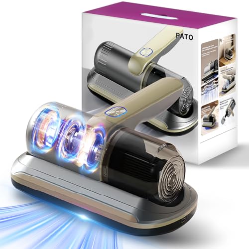 PATO Mattress Vacuum Cleaner, Wireless Handheld Bed Vacuum Cleaner With UV-C Light, HEPA Filter and Ultrasonic Vibration, 12KPa, Suitable for Beds, Sofas, Car Seats, Carpets (golden)