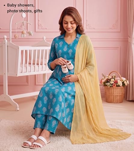 Image of DUMMY SHAPE Maternity Dresses for Women Cotton Rayon | Floral Kurta Pant Dupatta Set with Nursing Zippers to Pre & Post Partum | Feeding Kurtis | Mom to Be Gifts for Pregnant Woman