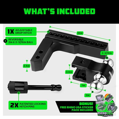 Image of Rhino USA Adjustable Trailer Hitch (Fits 2.5-Inch Receiver)-Heavy Duty Aluminum Tow Hitches with 10-Inch Drop /Rise for Truck (18,500 LBS GTW)- Weatherproof Double Anti-Theft Locking Hitch Pins (Black)