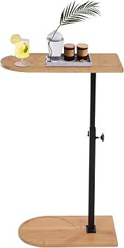 C Shaped Bamboo Side Table, 360  Rotating Under Sofa End Table with Phone & Tablet Slot and cup holder, 16.5-32.3in Height Adjustable, Space-Saving, for Living Room Bedroom Bedside Couch