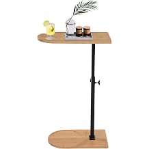 Adjustable Bamboo C-Shaped Side Table, End Table with 360  Rotation Sofa Bedside Bathtub Tray, Log Color & Black for Living Room Bedroom