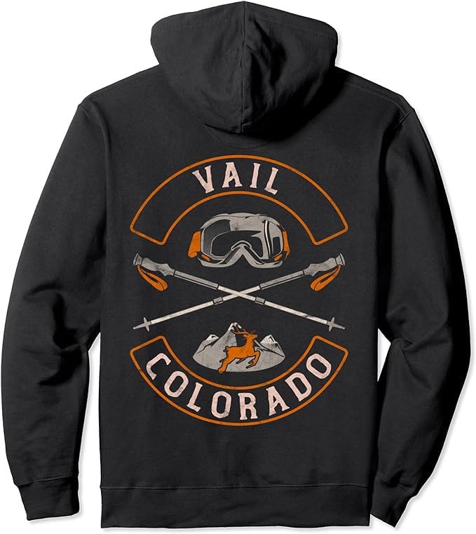 Vail Colorado Vintage Mountainains Biker Patch Backprint Pullover Hoodie