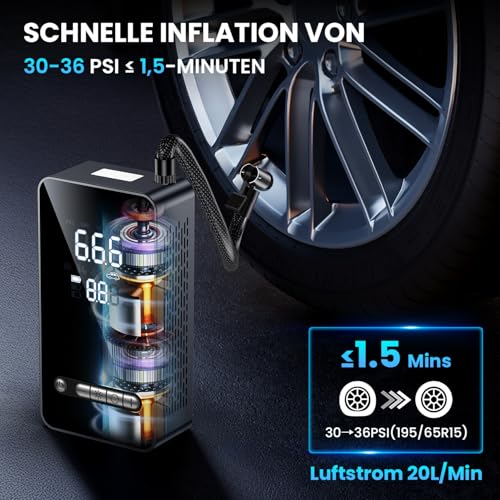 Draagbare luchtcompressor, Draadloze auto banden mini-opblazer met LED en USB-poort C 150 PSI, Oplaadbare batterij, Snel opblazen, Compressor, Automatisch stoppen, voor auto, fietsen en motors - Afbeelding 3