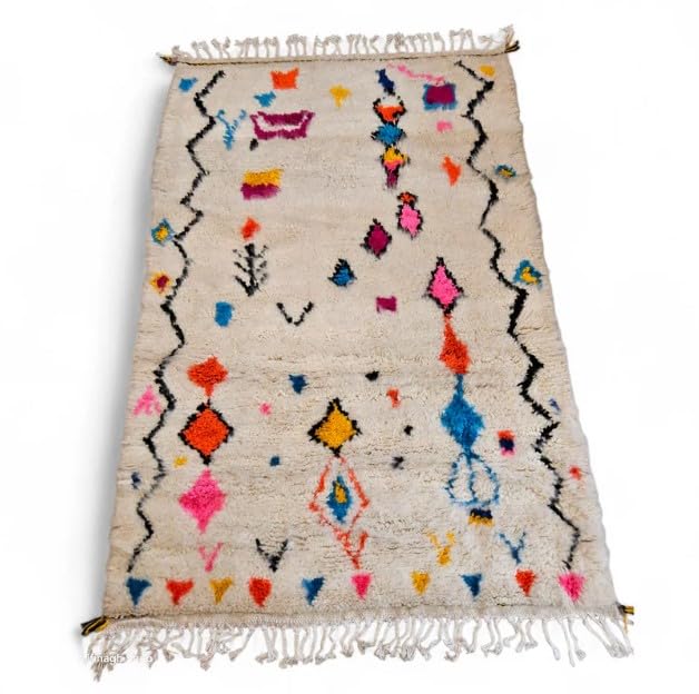 Générique Tifinagh Shop - Tapis Berbère Azilal Multicolore 160 x 107 cm - Authentique Tapis Marocain Fait Main en Laine - Motifs Traditionnels - Pièce Unique