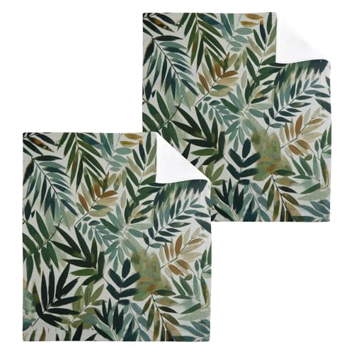 YANENDIE Tropical Leaves Brushstrokes Washcloths Towels, Highly Absorbent and Soft Cotton Face Cloths, 2 Pack Quick Dry Wash Cloths - 12 X 12 Inches
