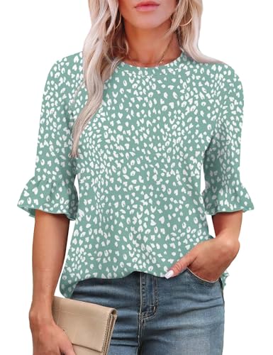 Rapbin Womens 3/4 Length Sleeve Tops Loose Fit Casual Crew Neck Shirts Ruffle Tunic Blouses