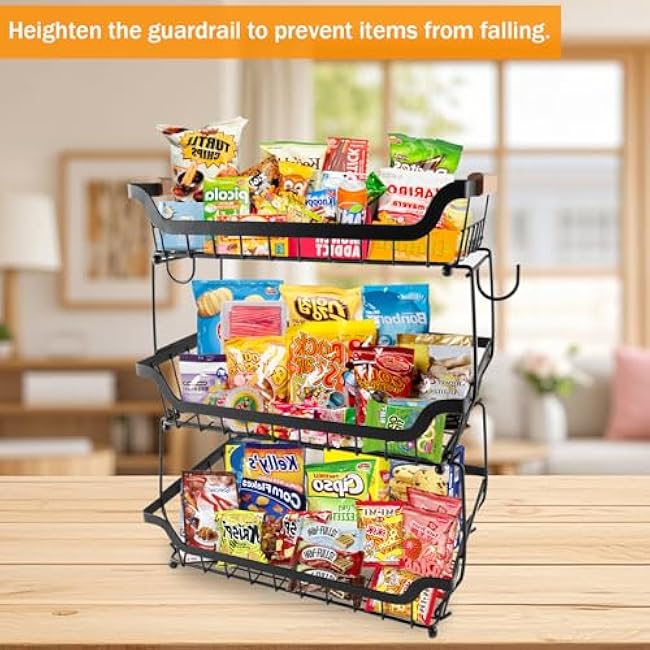 3-Tier Rolling Pantry Floor Organizer and Storage Cart with Wheels,Stackable Metal Wire Snack Display Basket for kitchen pantry organizers and storage shelves with Banana Hanger &Wooden Handle-G78vnFNU