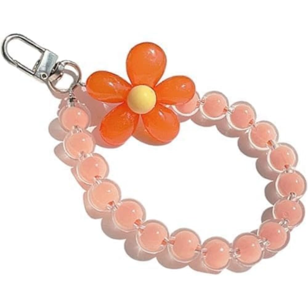TypoGrove Orange Mobile Phone Strap Beaded Flower Bracelet Creative Hanging Rope Keychain Mobile Phone Lanyard Beaded Flower Anti-Lost Phone Case Lanyard Wrist Strap Cell Phone Charms Accessories,