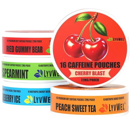 Image of LyvWel 72mg Caffeine Energy Pouches - Sampler Pack (Cherry Blast, Red Gummy Bear, Peach Sweet Tea, Spearmint, Blueberry Ice) - Clean Energy with Guarana - 5-Pack (80 Total Pouches)