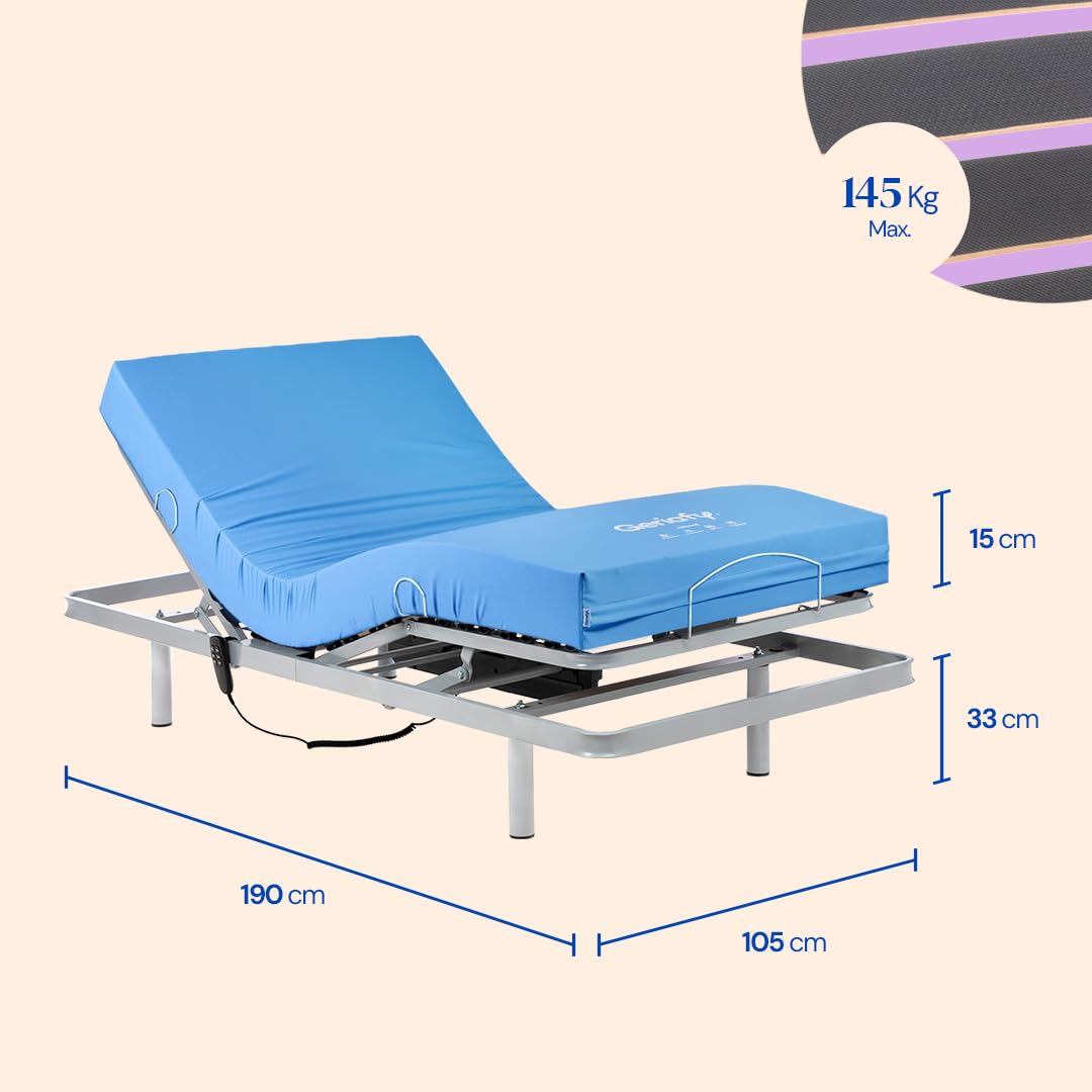 Geriafy - Letto Elettrico con Materasso Origin HR Impermeabile | Rete Motorizzata a 4 Sezioni | Design a Griglia Ergonomico | Traspirante e Comfort (105x190 cm)
