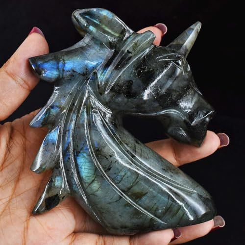 Natural Labradorite Crystal Gemstone Horse Unicorn Statue Stone H...