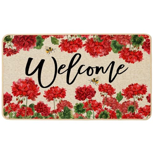 Baccessor Spring Summer Geranium Doormat Outdoor Red Flroal Flower Front Welcome Doormat Door Mat Non-Slip Rubber Backing Entrance Seasonal Outside Indoor Decoration17x29 Inch