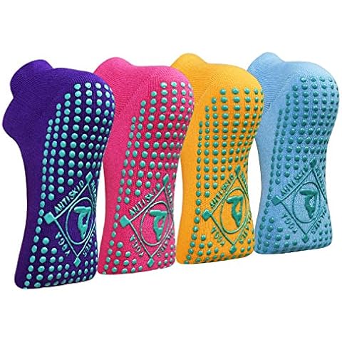 Yoga Socks Non-Slip Socks (4 Pairs) for Women Pilates, Yoga, Barre, Dance, Ballet, Martial Arts, Trampoline, Fitness, Hospital, Rehabilitation, Natural yellow + light sky blue + rose red + purple, M Cover